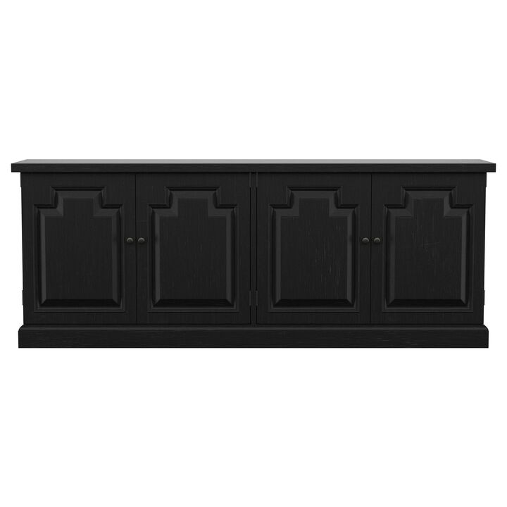 Som Dining Sideboard Buffet, 4 Carved Doors, Classic Black Pine Wood - Benzara