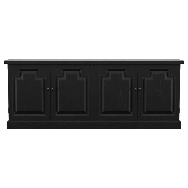 Som Dining Sideboard Buffet, 4 Carved Doors, Classic Black Pine Wood - Benzara