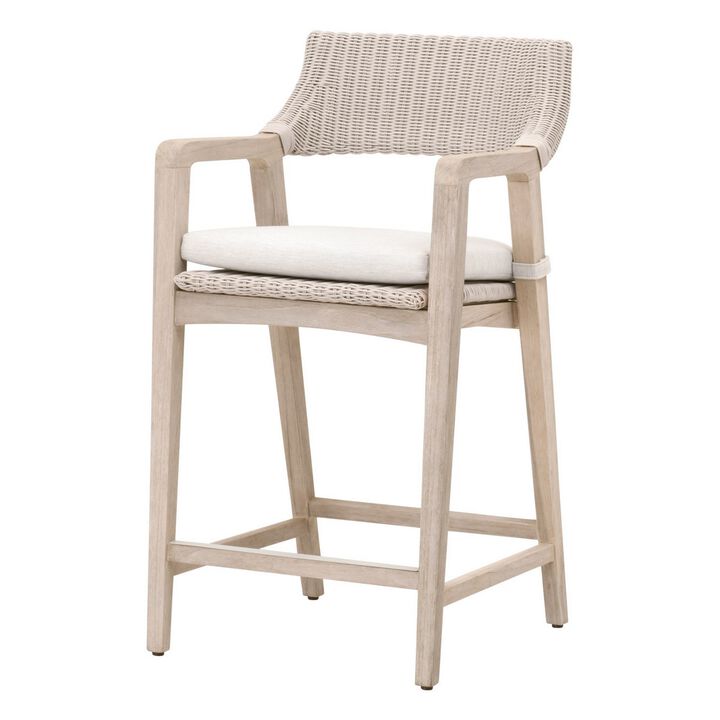 Uto 28 Inch Outdoor Counter Stool Chair, Synthetic Wicker, White Upholstery - Benzara