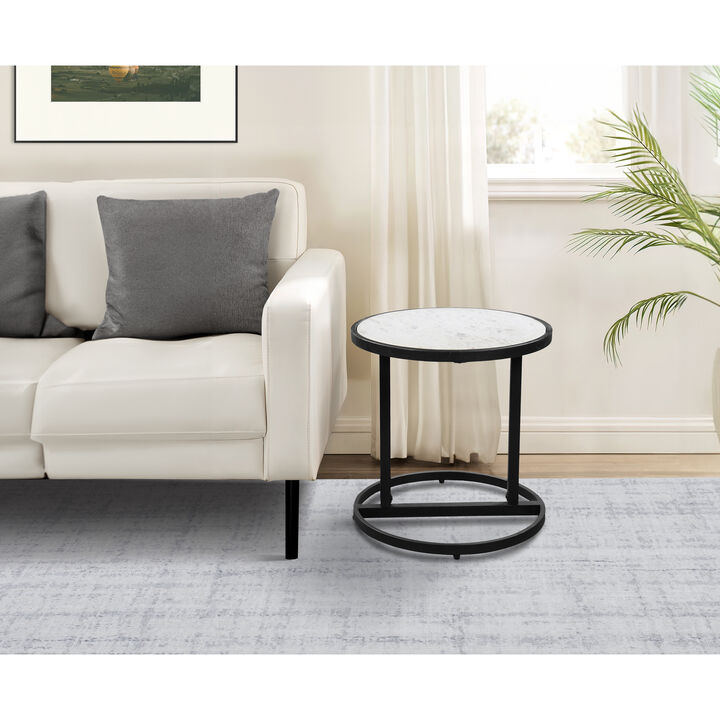 Beri 18 Inch Side End Table, Round White Natural Marble Top, Classic Slim Black Iron Frame - Benzara