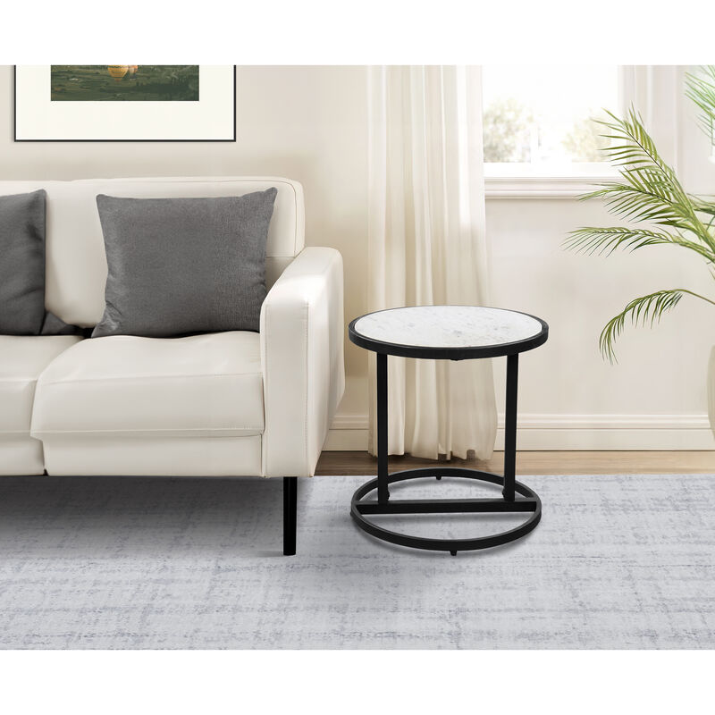Beri 18 Inch Side End Table, Round White Natural Marble Top, Classic Slim Black Iron Frame
