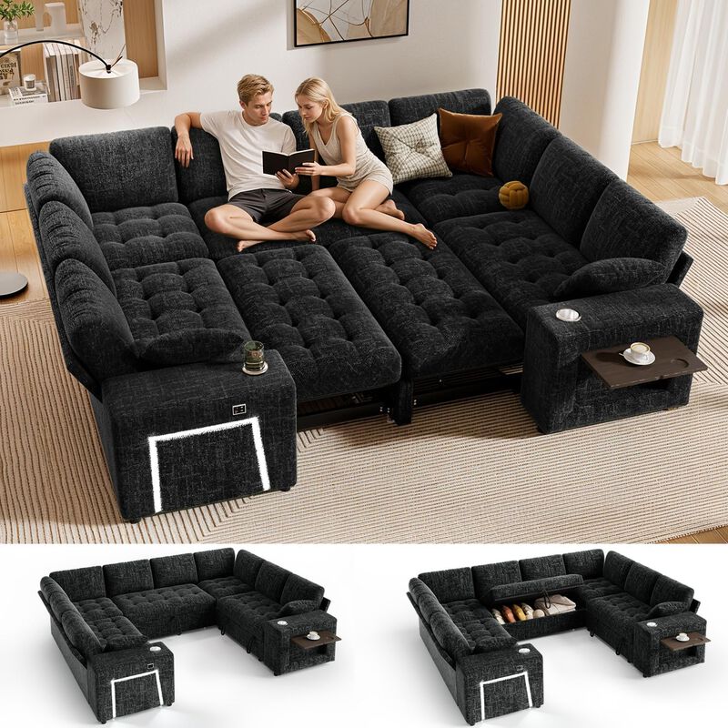 Vipbear 110" Modular Sectional Sleeper Sofa, 8-Seater Chenille U-Shaped Couch with Pull-Out Beds image number 2