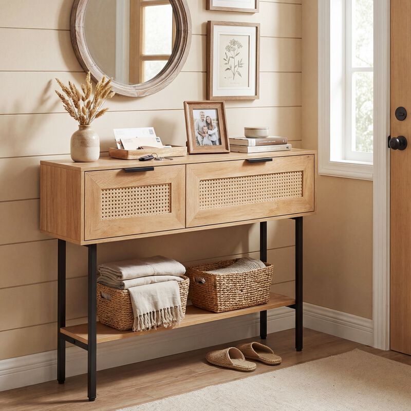 Rattan Entryway Console Table with Storage Cabinets Shelf and Metal Frame image number 5