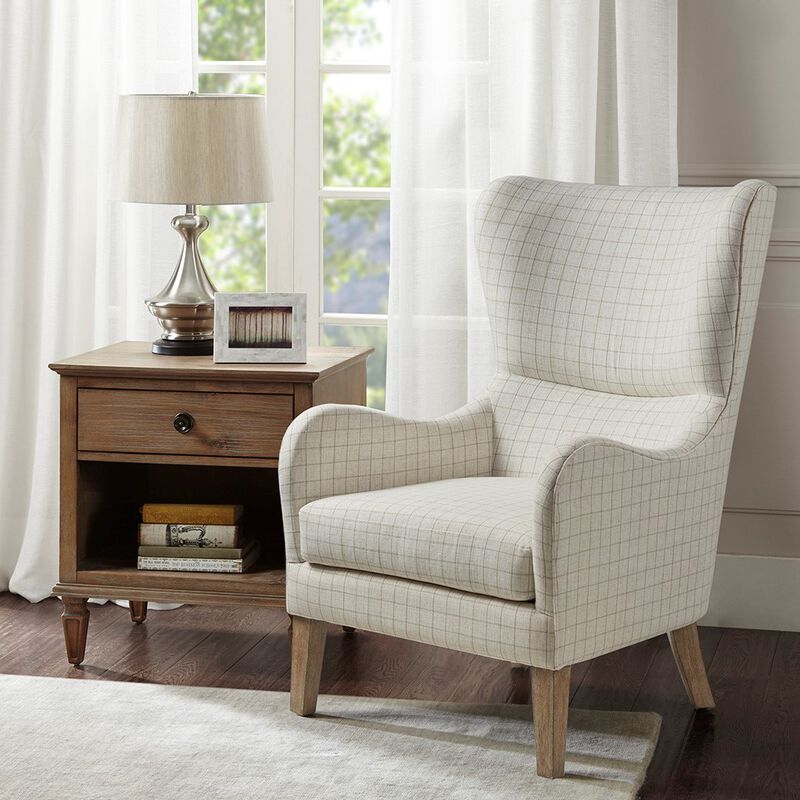 Gracie Mills Zachery Transitional Swoop Wing Chair with Round Arm and Piped Edges