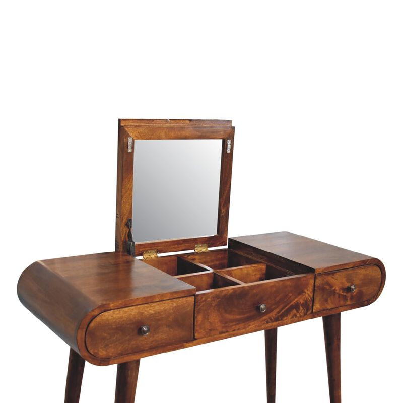 Solid Wood 2 Drawer Chestnut Dressing Table with Foldable Mirror