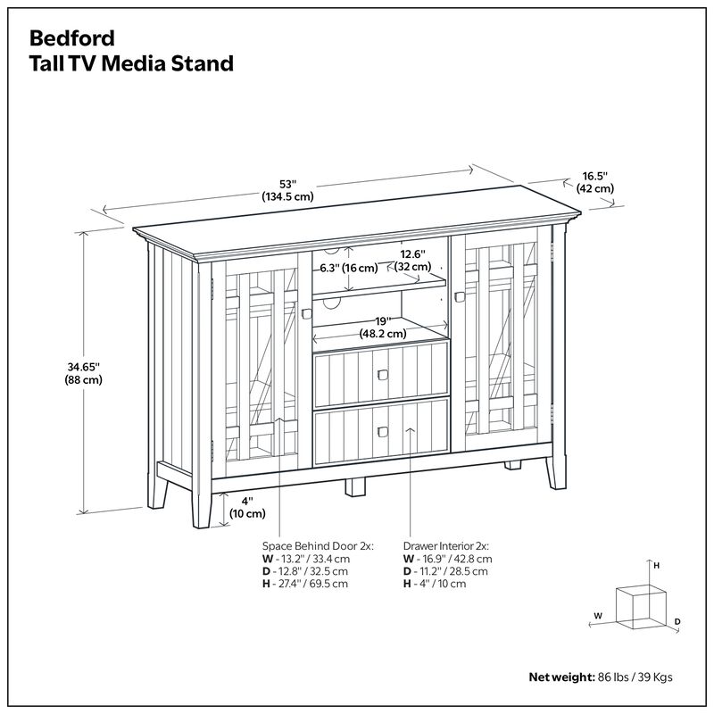 Bedford SOLID WOOD 53 inch Wide Transitional TV Media Stand in Black For TVs up to 60 inches