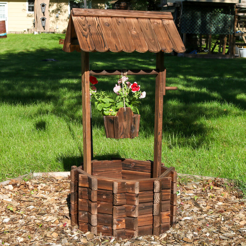 Sunnydaze 45 in 2-Tier Wooden Fir Wishing Well Hanging Garden Planter