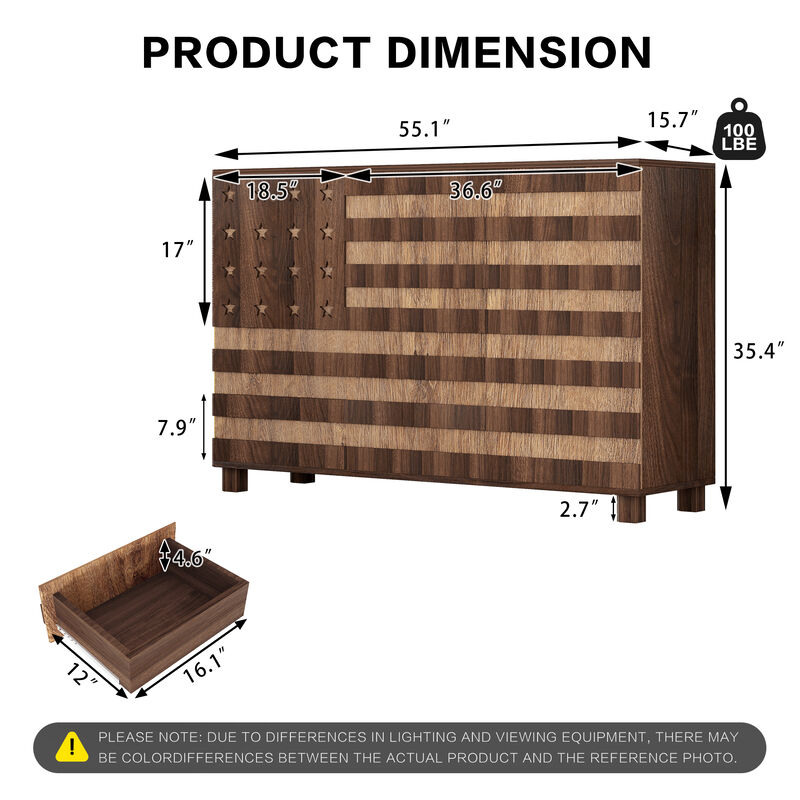 TATEUS Versatile 55" Buffet Cabinet - Hand Carved Kitchen Storage with 2 Drawers, 3 Doors, Adjustable Shelf