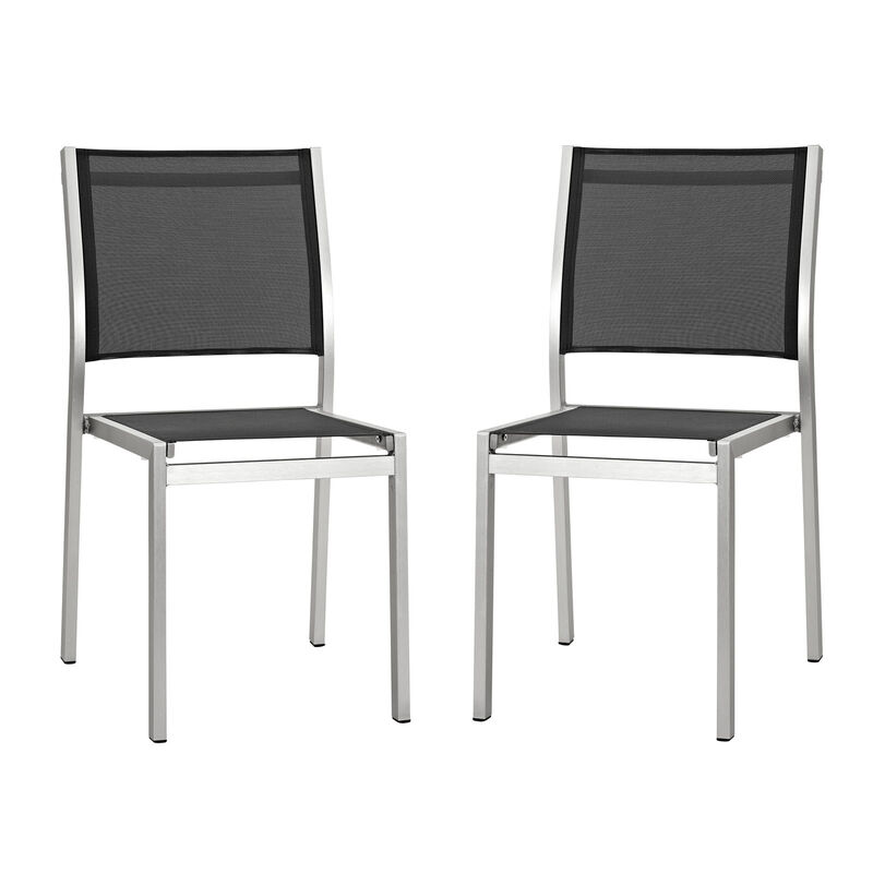 Shore Outdoor Patio Aluminum Side Chair Set of 2 in Silver Black - Benzara