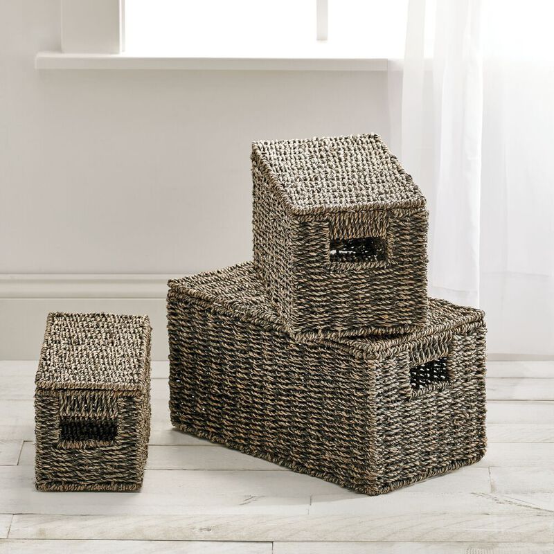 mDesign Woven Seagrass Home Storage Basket with Lid, Set of 3 - Brown Finish image number 4