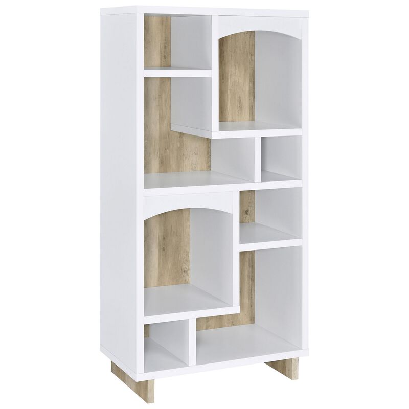 Aton Bookcase, Multiple Shelves and Compartments, Distressed White - Benzara