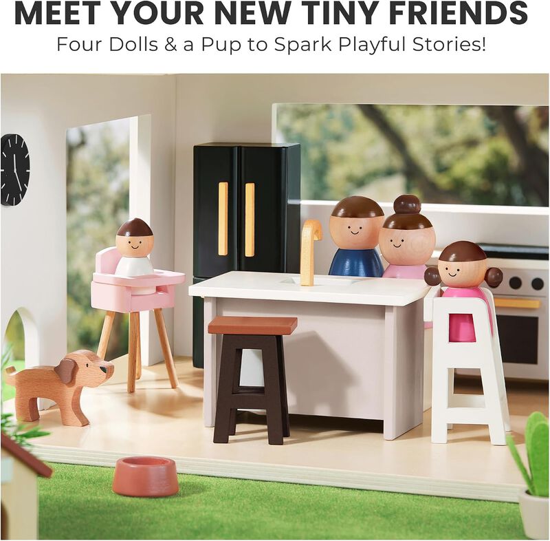 Wooden Doll House, Modern Family Dollhouse with Realistic Design - 7 Rooms Dollhouse with 53 PCS Accessories, Montessori Pretend Play Toddler Toy image number 3