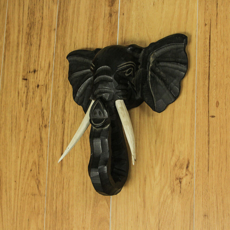 Hand Carved 12 Inch Black Elephant Head Wooden Wall Hanging Sculpture Safari Art image number 5