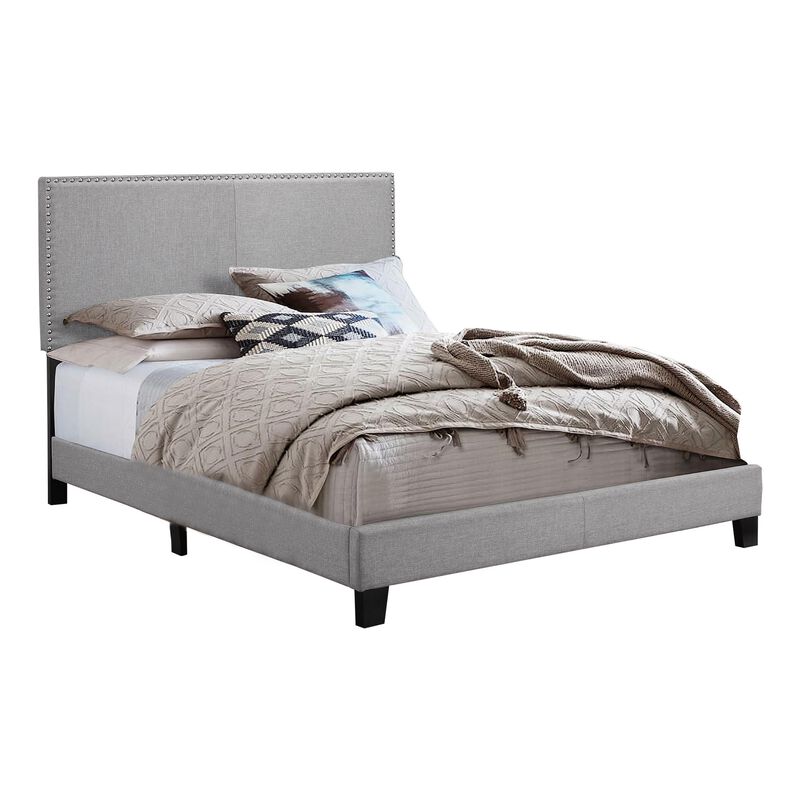 Shirin Queen Size Bed, Wood, Nailhead Trim, Upholstered Headboard, Gray - Benzara