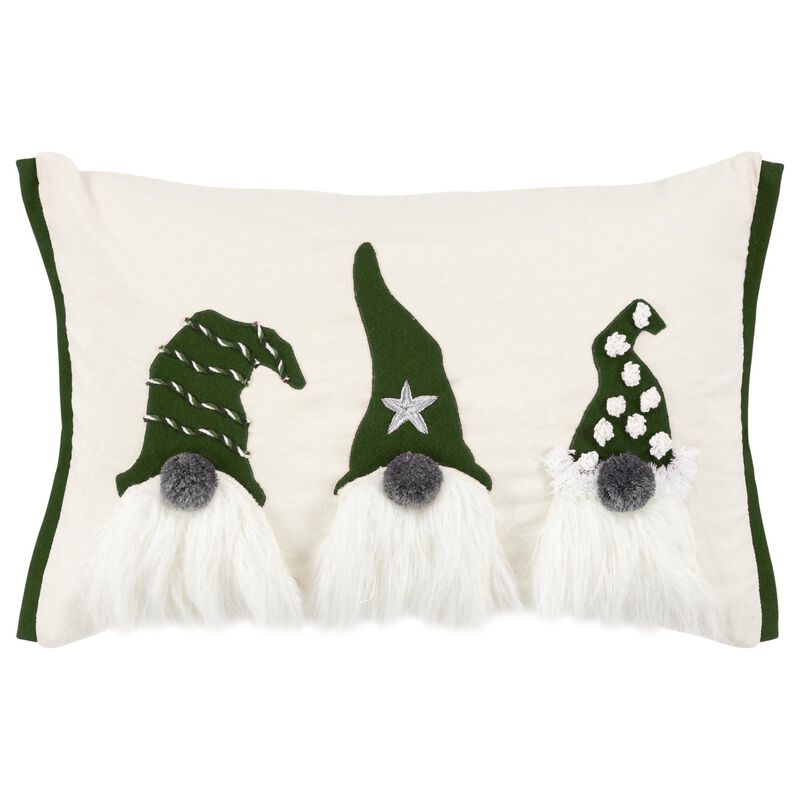 HomeRoots 14" X 20" Green And Ivory Cotton Christmas Gnomes Throw Pillow With Embroidery image number 2