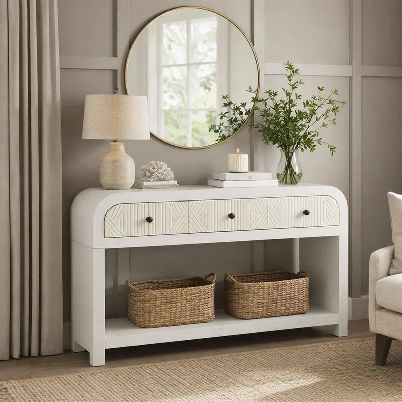 Jack Console Table, White Wood, 3 Drawers and Bottom Shelf, 47 Inch image number 6