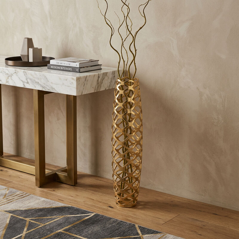 HomeRoots 39" Gold Aluminum Pierced Geometric Cylinder Floor Vase image number 1