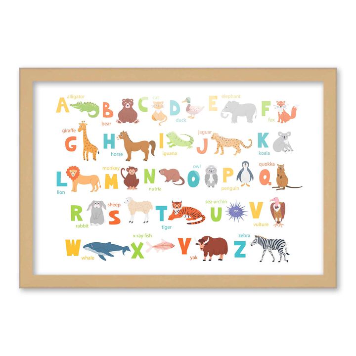 12x18 Framed Nursery Wall Art Animal ABC Poster In Natural Wood Frame For Kid Bedroom or Playroom