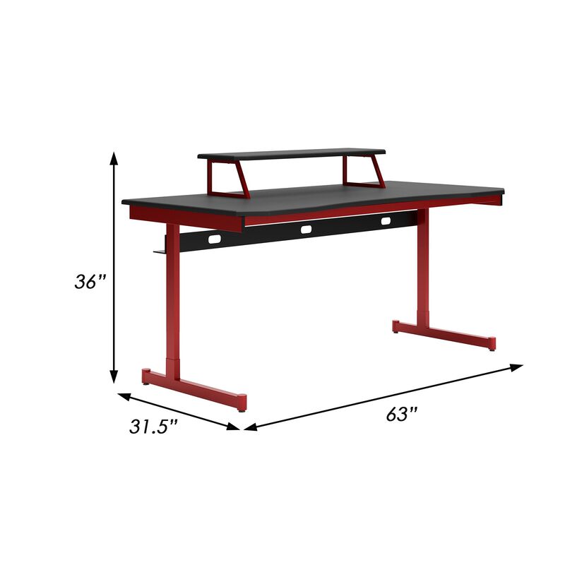 63 Inch Modern Home Office Gaming Desk, Monitor Stand, Metal, Black, Red-Benzara image number 5