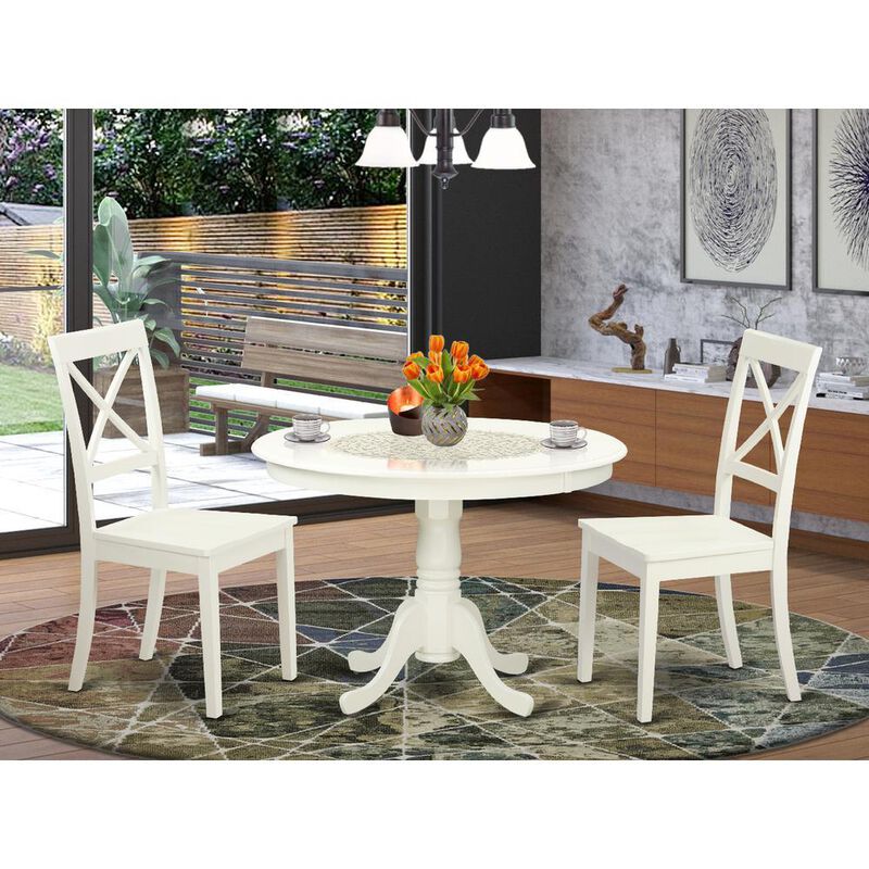 3 Pc set with a Round Table and 2 Wood Dinette Chairs in Linen White
