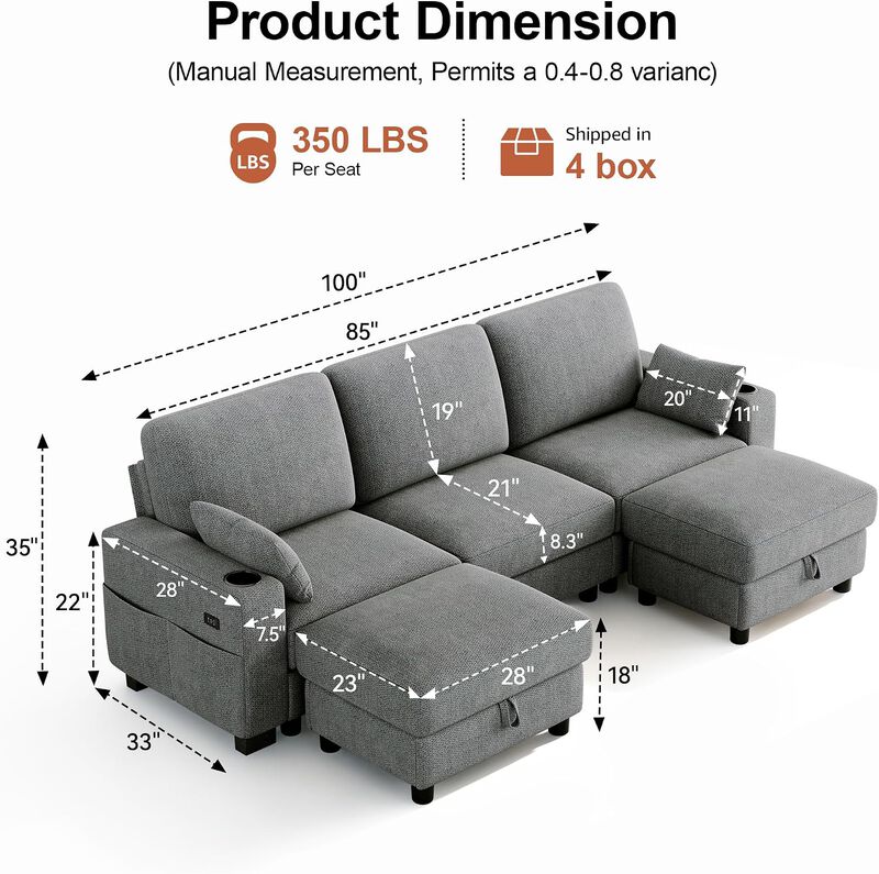 Vipbear 100" Modular Sectional Sofa Chenille 5 Seater U Shaped Couch with Moveable Ottoman image number 1