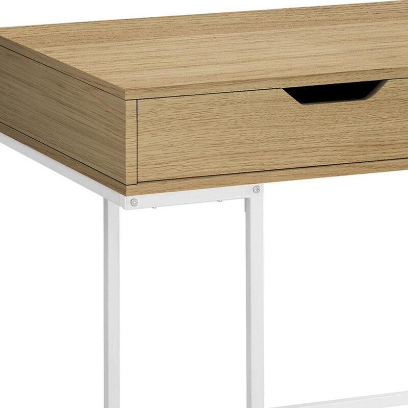 HomeRoots 47" Natural and White Wood and Metal H-Shape Computer Desk With Two Drawers image number 2