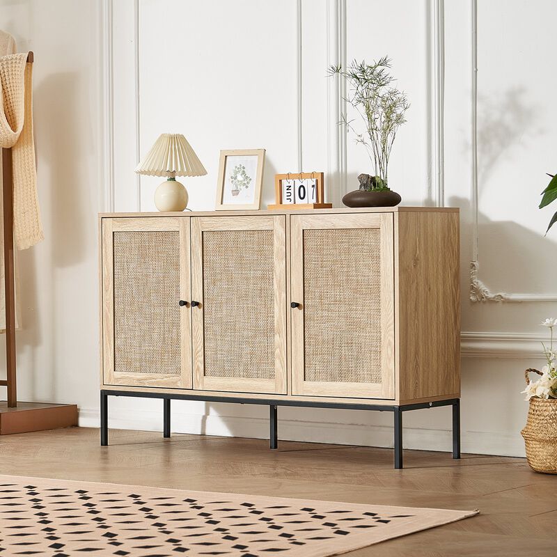 Rattan Sideboard Cabinet with 4 Doors Adjustable Shelves for Hallway Living Room
