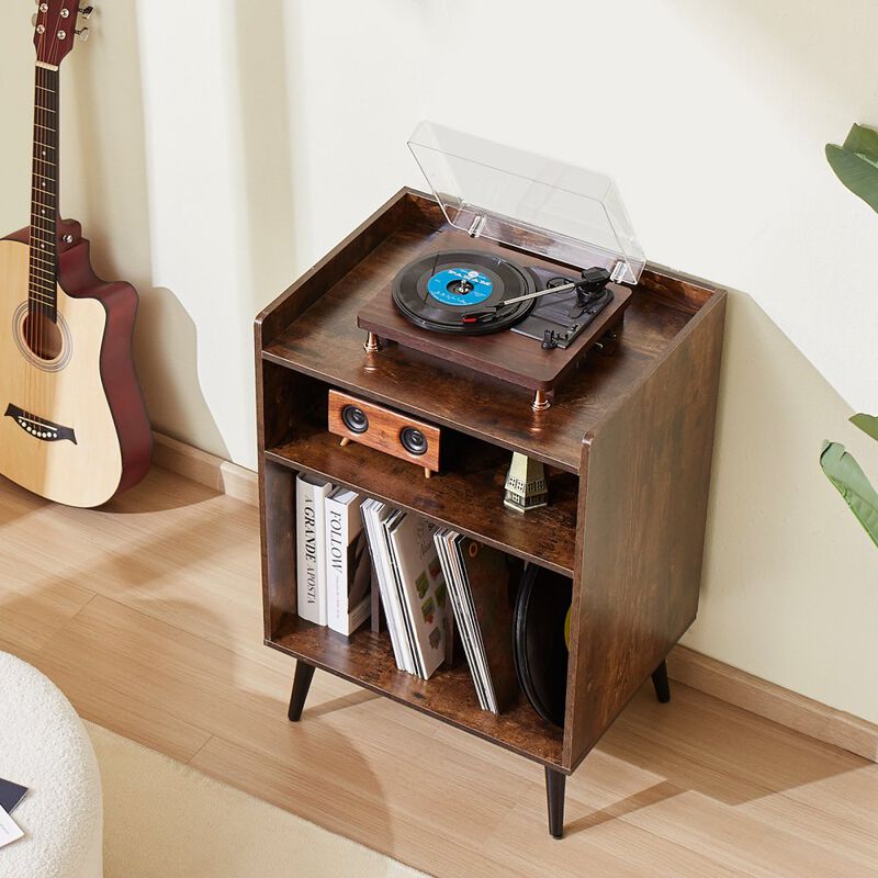 3-Tier Record Player with LED Light & USB Ports Wooden Vinyl Shelf
