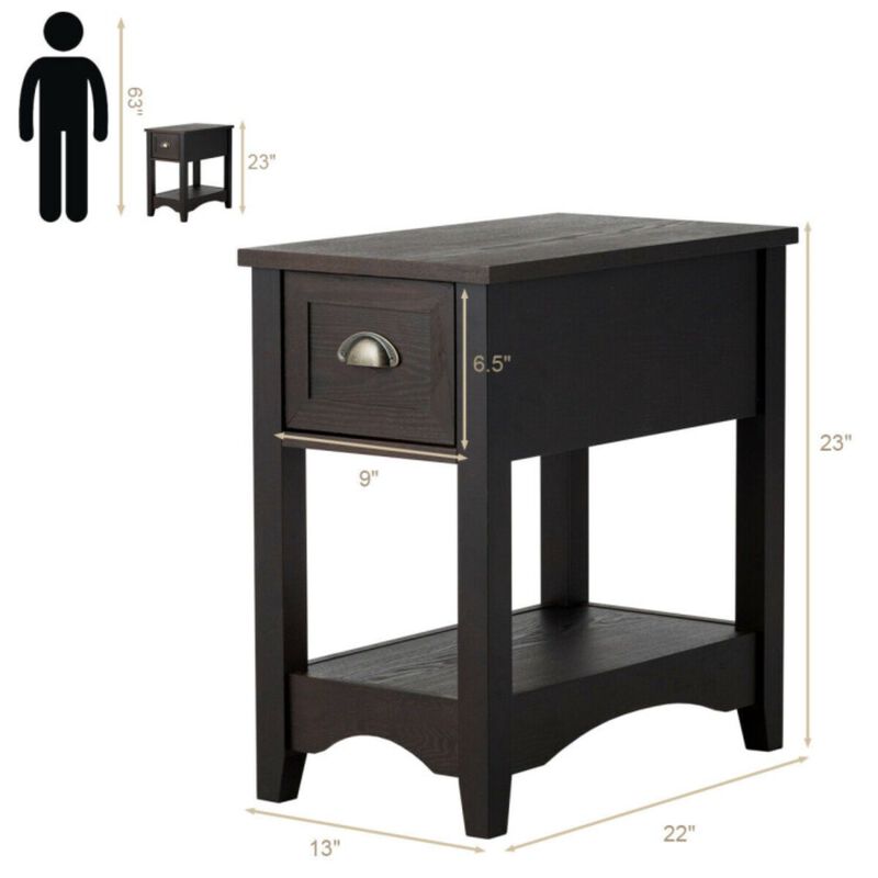 2 Pieces Retro Narrow Tiered End Table with Drawer and Storing Shelf