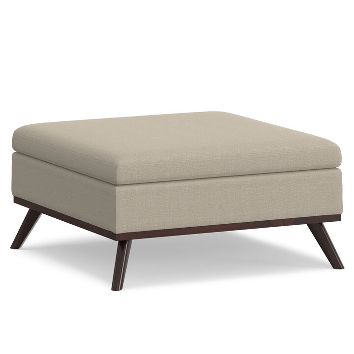 Owen 36 inch Wide Mid Century Modern Square Coffee Table Storage Ottoman in Natural Polyester Fabric, Assembled