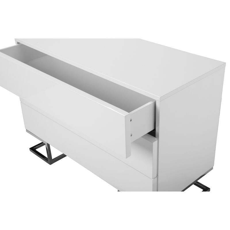 Sam 39 Inch Dresser with 3 Drawers, Chrome Steel Legs, White Wood Finish - Benzara