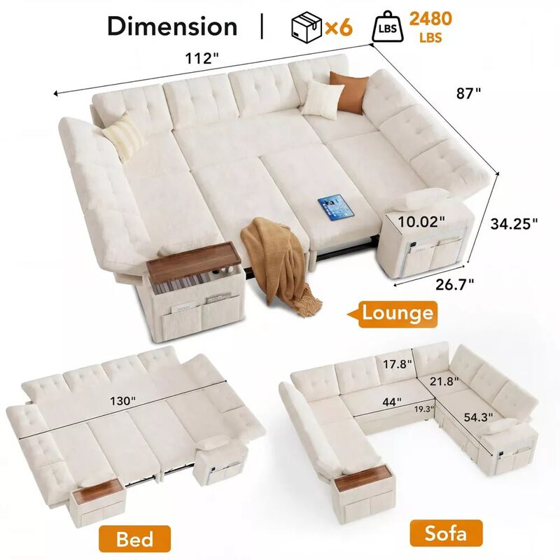 Vipbear 112" U-Shaped 8-Seat Modular Chenille Sectional Sleeper Sofa, Pull Out Bed Reclining Couch image number 1