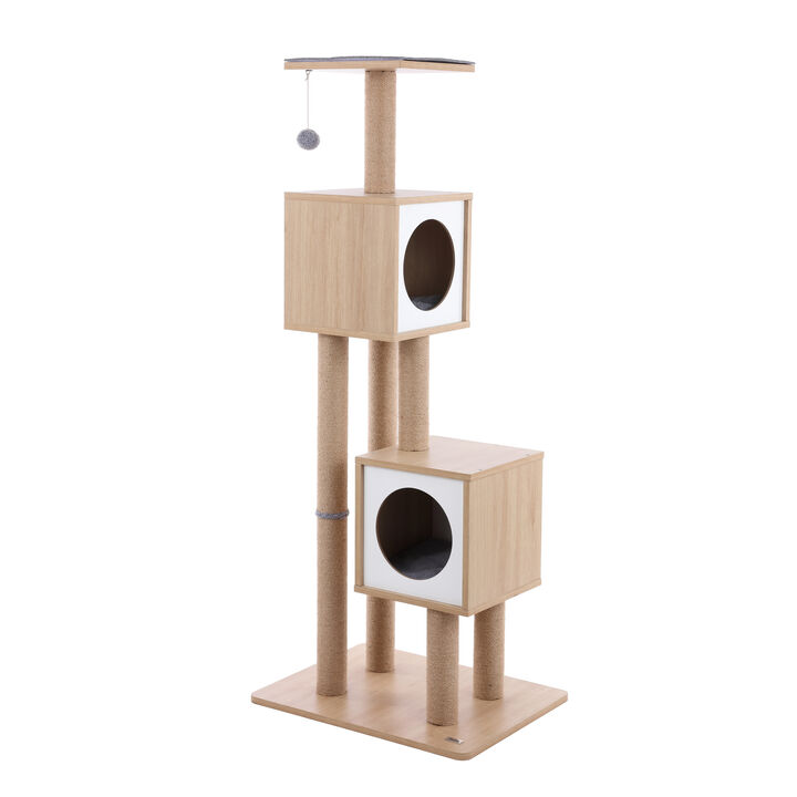 Sawyer 56" 3-Tier Minimalist Jute Cat Tree Condo with Scratching posts, and Fuzzy Toy, Brown/White