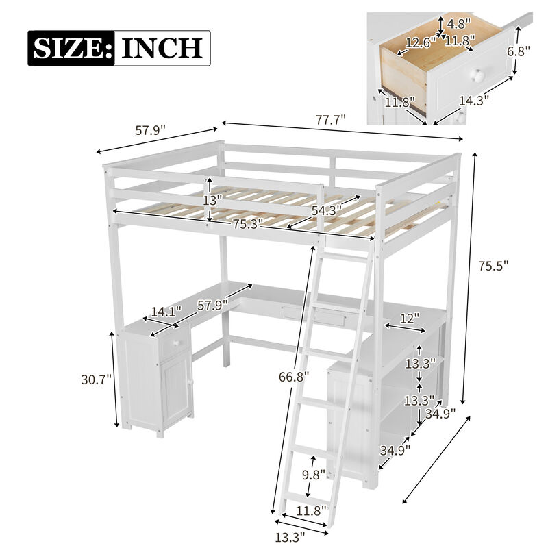 Whisen Elegant Design Full Size Loft Bed with Desk, Drawers and Storage Shelves