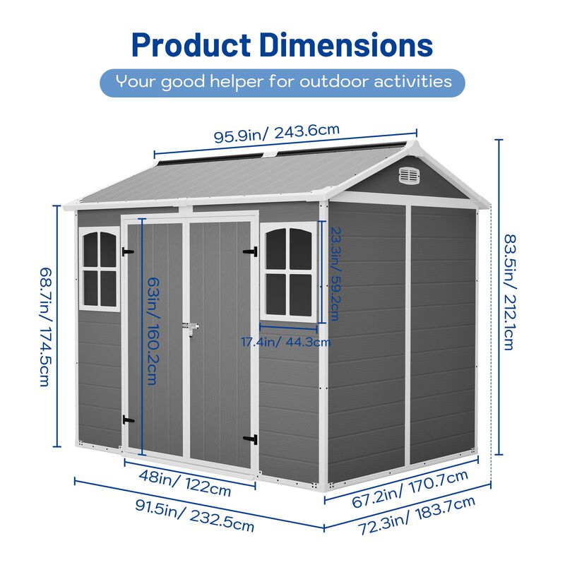 8 x 6 FT Plastic Utility Shed, Lockable Storage Shed for Garden Tools & Trash Bins, All-Weather Outdoor Organizer image number 3