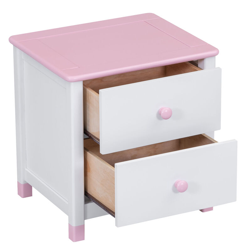 Wooden Nightstand with Two Drawers for Kids,End Table for Bedroom,White+Pink image number 4