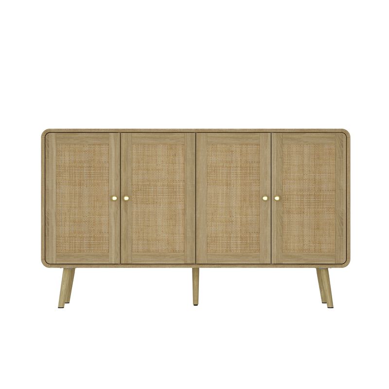 FUFU&GAGA Rattan Sideboard, Modern Buffet Cabinet with 4 Doors, Gold Handles & Solid Wood Legs, Storage Cabinet for Dining Room, Living Room & Entryway (55.1" W x 32.1" H x 13.9" D), Natural Wood