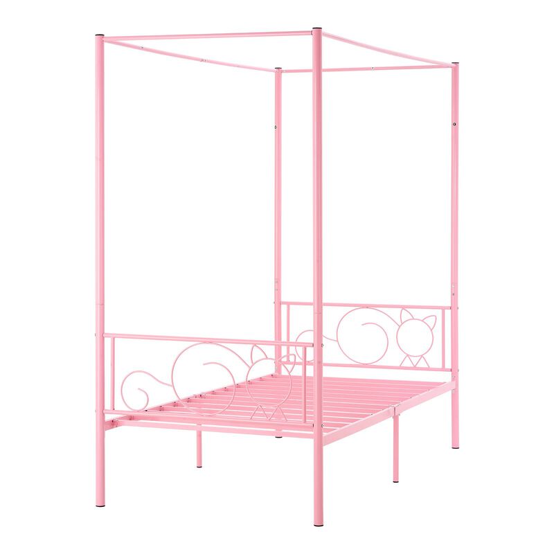 Twin Size Metal Canopy Bed Frame with Headboard, Heavy Duty Steel Slats - Pink image number 9