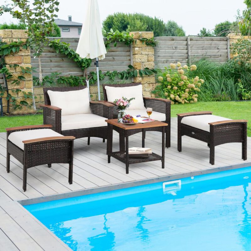 Hivvago 5 Pieces Patio Rattan Furniture Set with Acacia Wood Table