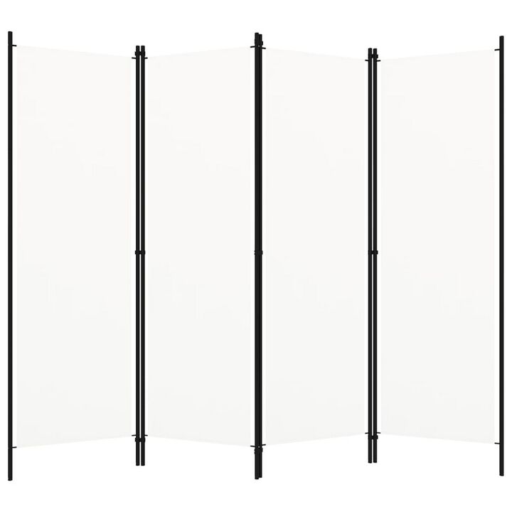 Folding Room Divider, 79x71 White Fabric, Black Iron Frame, 4 Panels - Benzara