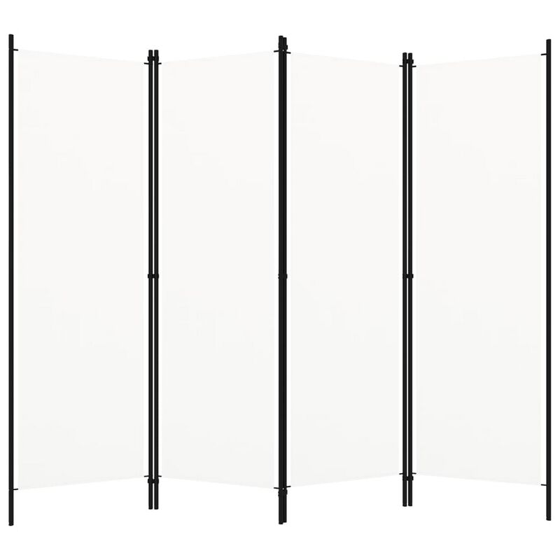 Folding Room Divider, 79x71 White Fabric, Black Iron Frame, 4 Panels - Benzara