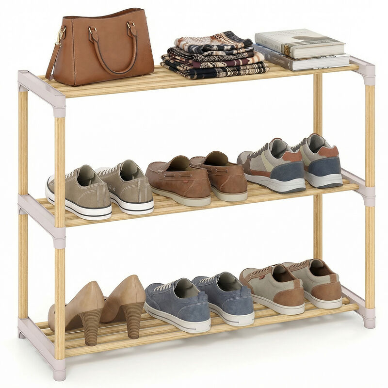 Solid Wood 3-Tier Shoe Rack with Slatted Shelves for Entryway or Home-Natural image number 3