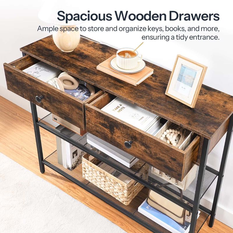 3-Tier Industrial Slim Console Table with Charging Station & Drawers image number 5