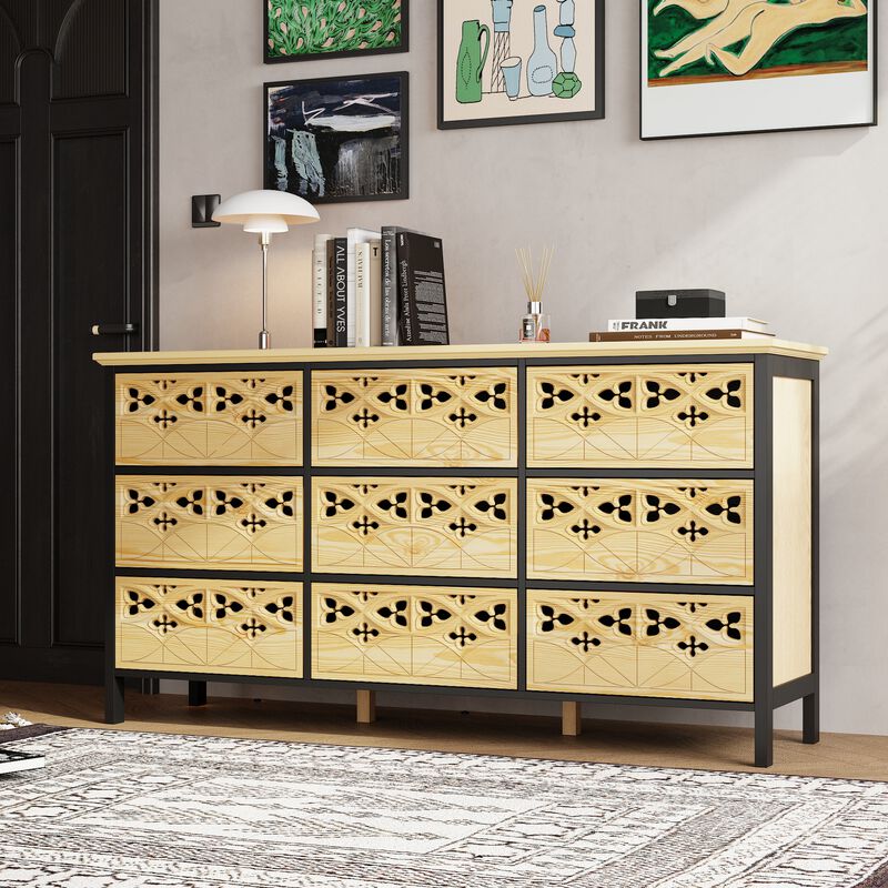 FUFU&GAGA 9-Drawer Tall Storage Cabinet , Modern Chest Organizer for Bedroom, Living Room, or Office (59.1 in. W x 15.7 in. D x 31.5 in. H),  Natural Wood Finish and Black Accents