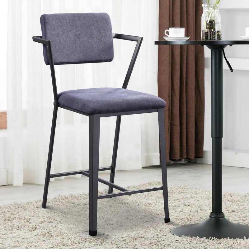 Fabric Upholstered Metal Counter Height Chair, Set of 2,Gray and Black-Benzara