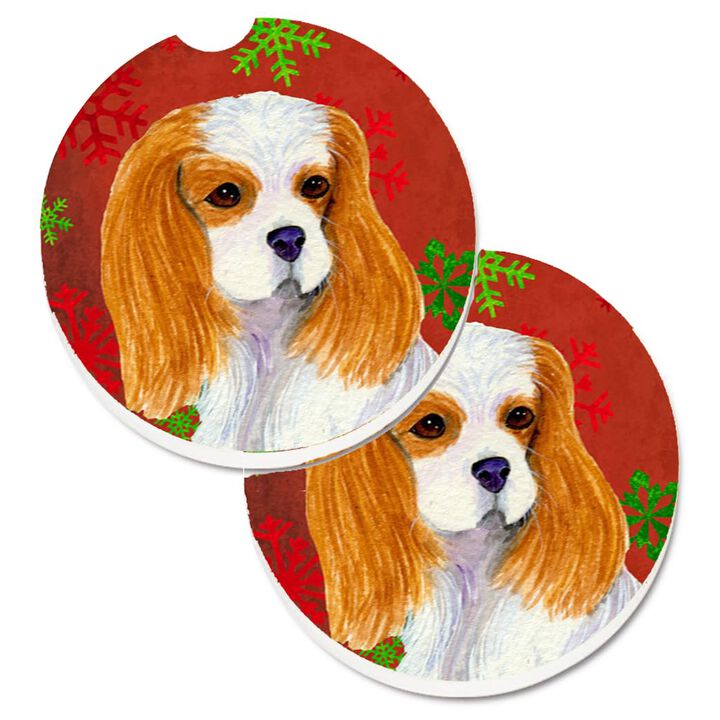 Caroline's Treasures Cavalier Spaniel Red & green Snowflakes Holiday Christmas Set of 2 Cup Holder Car Coasters SS4734CARC, 2.56, Multicolor