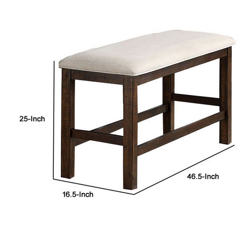 Shaw 47 Inch Counter Height Bench, Beige Padded Seat, Rustic Brown Base-Benzara