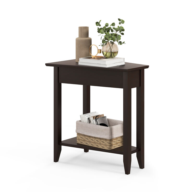 2-Tier Wedge End Table with Storage Shelf and Solid Wood Legs for Small Spaces