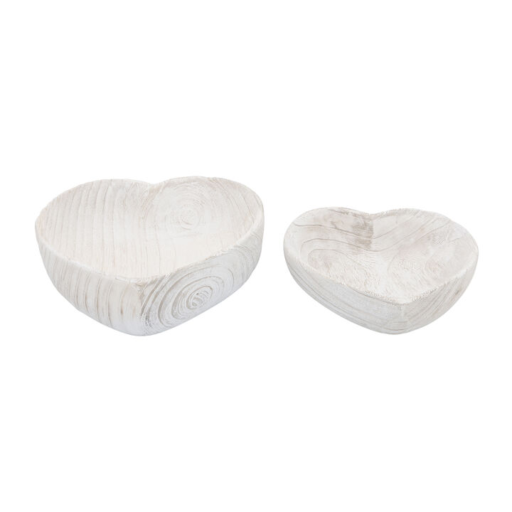 White Wood Heart Bowl S/2