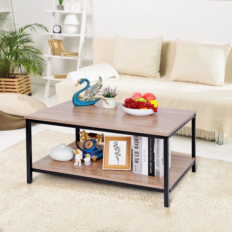 SUPER DEAL 2-Tier Industrial Coffee Table with Storage Shelf for Small Apartment Living Room, Rectangle Wood and Stable Metal TV